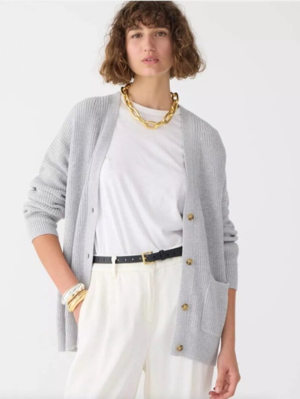 J. Crew V-Neck Cotton-Blend Cardigan Sweater Heather Dove Grey Button Down